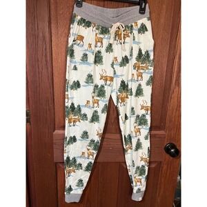Burts Bees  Pajama Pants Joggers Small Unisex Deer Tree Print Sleep Lounge